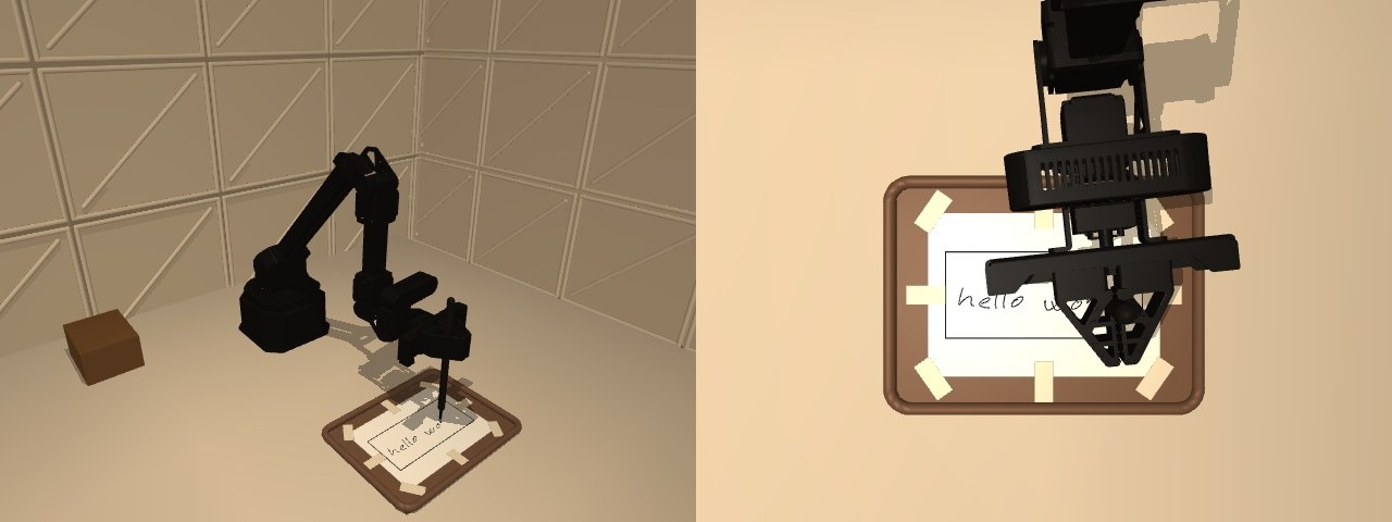 Synthetic hello world episode showing an oblique robot view and an overhead paper view at the same observation time