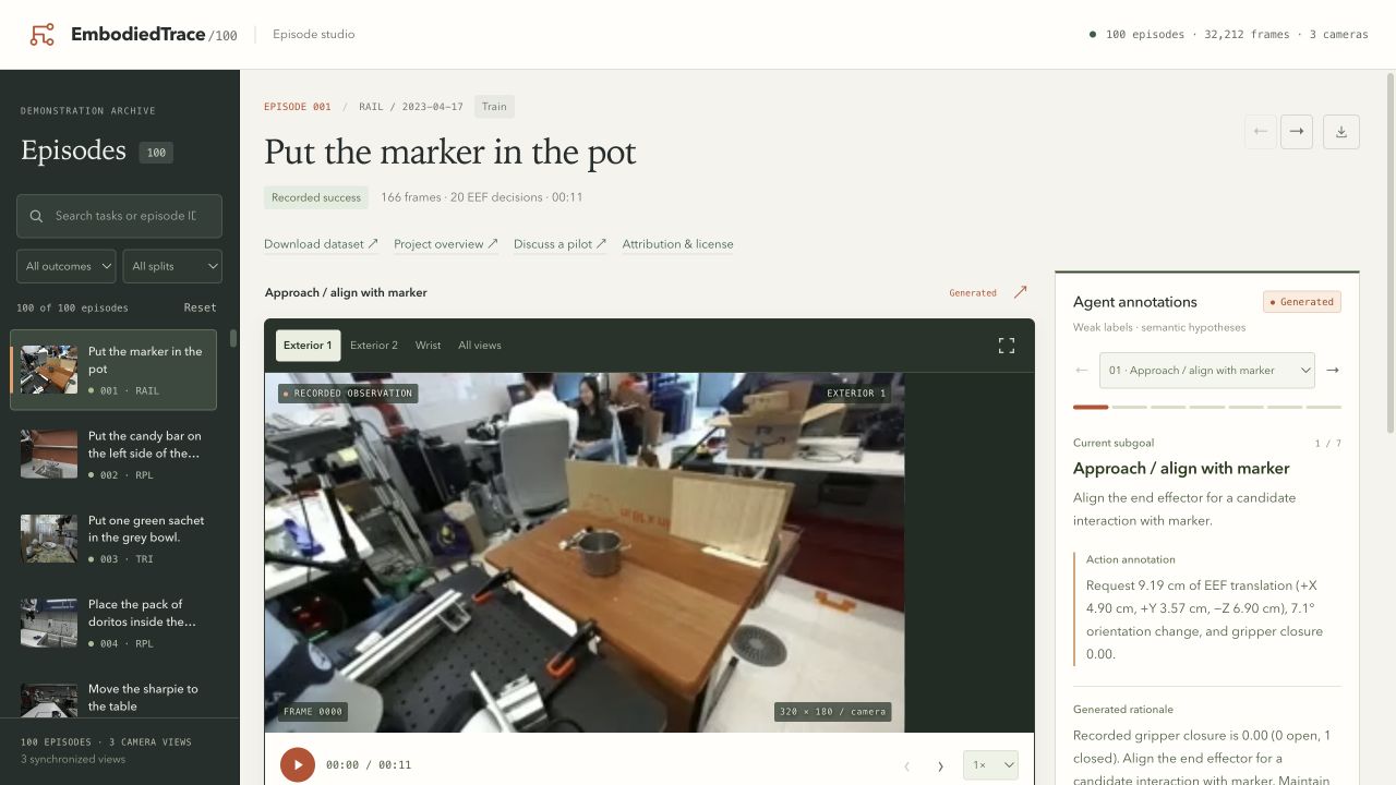 EmbodiedTrace studio displaying robot footage beside a generated subgoal and action description